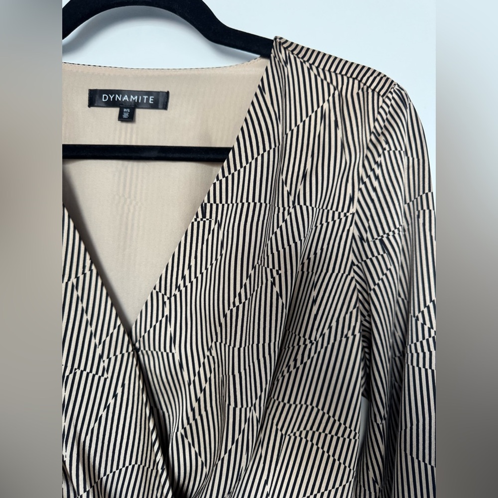 V-Neck Long Sleeve Mini Dress with Subtle Stripes - Picture 4 of 5